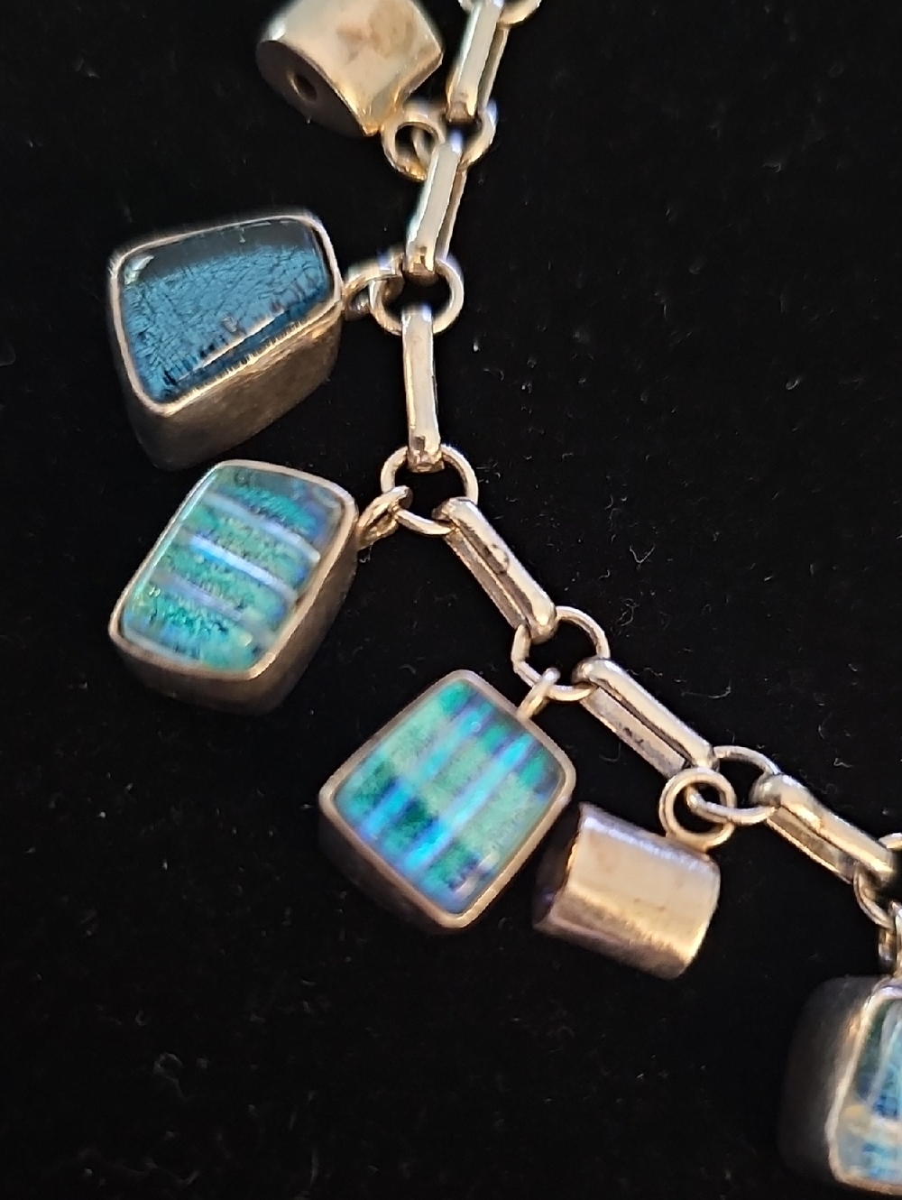 Sterling Silver Blue Dichroic Glass Charm Bracelet - Women's Jewelry. Beautiful - Picture 2 of 8